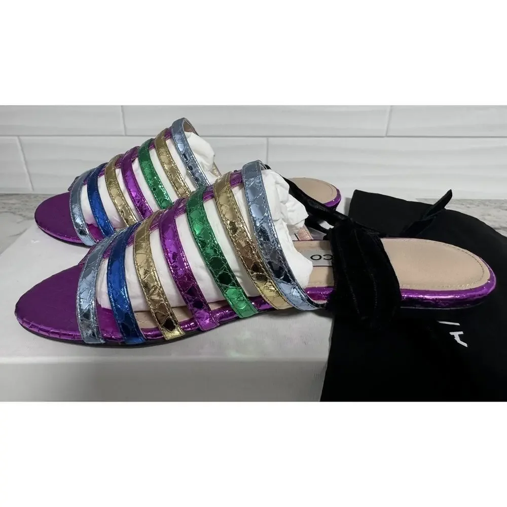 New Attico Rainbow Metallic Strappy Flat Slide on Sandals Size 35